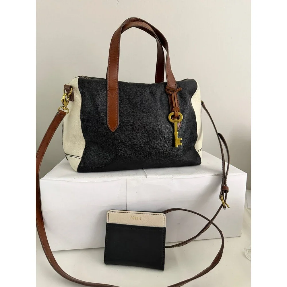 Fossil Sydney Satchel Black/White Brass Leather Crossbody Bag & Wallet